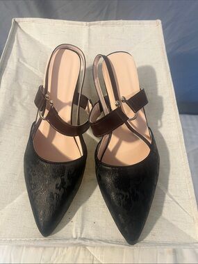 SHEIN Black Pointed Slingback Heels with Brown Strap